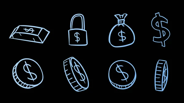 Símbolos Azuis Desenhados Mão Ilustração Dinheiro Com Estilo Design Doodle — Fotografia de Stock