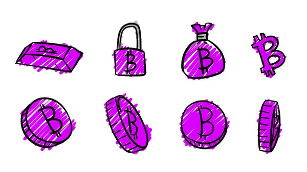 Χειροποίητα Βιολετί Επιχειρηματικά Bitcoin Σύμβολα Εικονογράφηση Χρήματα Doodle Σχεδιασμό Στυλ — Φωτογραφία Αρχείου