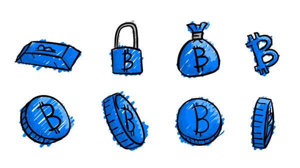 Desenhado Mão Símbolos Bitcoin Negócio Azul Ilustração Dinheiro Com Estilo — Fotografia de Stock