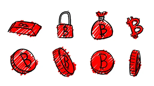 Çizimi Kırmızı Bitcoin Sembolleri Karalama Tasarımı Tarzında Para Illüstrasyonu — Stok fotoğraf
