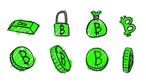 Mão Desenhado Símbolos Negócio Bitcoin Verde Ilustração Dinheiro Com Estilo — Fotografia de Stock