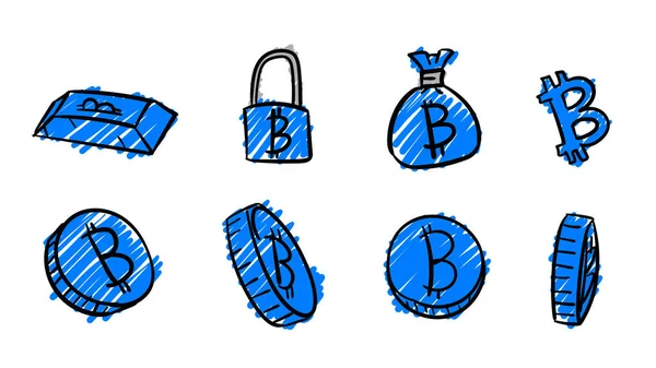 Çizimi Mavi Bitcoin Sembolleri Karalama Tasarımı Tarzında Para Illüstrasyonu — Stok fotoğraf