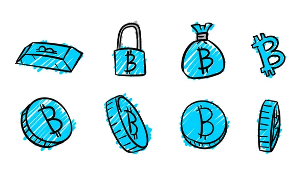 Ręcznie Rysowane Lazurowe Symbole Bitcoin Biznesu Pieniądze Ilustracja Doodle Design — Zdjęcie stockowe