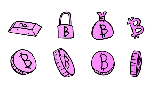 Mano Dibujado Púrpura Negocio Bitcoin Símbolos Ilustración Dinero Con Estilo —  Fotos de Stock