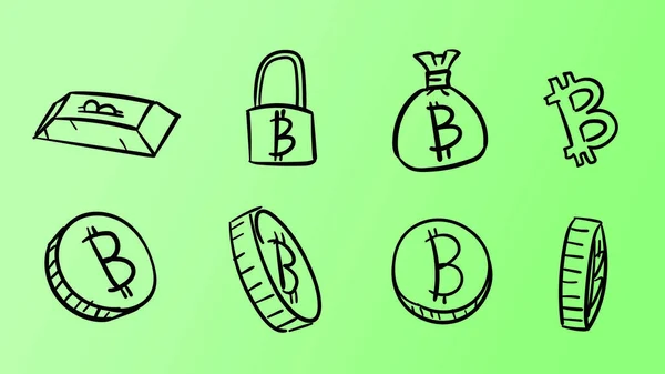 Mano Dibujado Negocio Verde Bitcoin Símbolos Ilustración Dinero Con Estilo —  Fotos de Stock