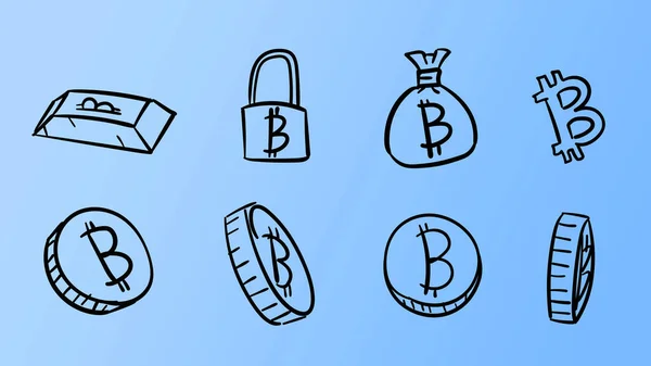 Çizimi Mavi Bitcoin Sembolleri Karalama Tasarımı Tarzında Para Illüstrasyonu — Stok fotoğraf