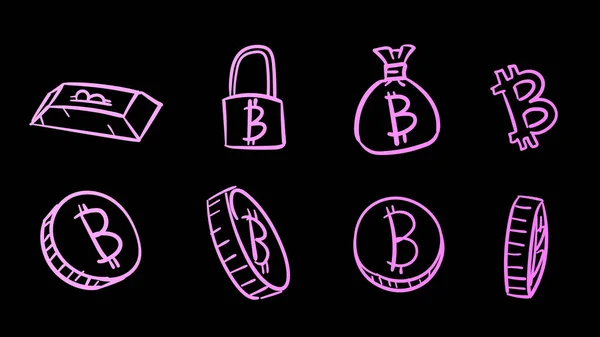 Χειροποίητα Μωβ Επιχειρηματικά Σύμβολα Bitcoin Εικονογράφηση Χρήματα Doodle Σχεδιασμό Στυλ — Φωτογραφία Αρχείου
