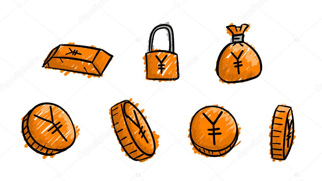 Hand drawn orange business yen symbols. 2d money illustration with doodle design style