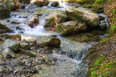 Dağlarda kayalar ve kayalarla dolu bir nehir..
