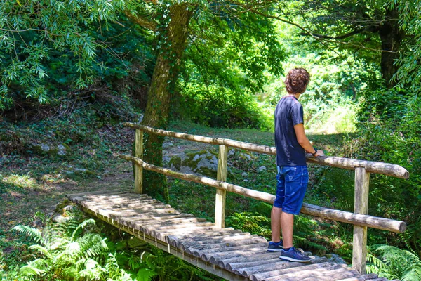 森の中の木製の橋の上の少年 — ストック写真