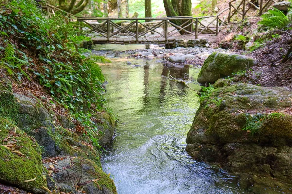 Río Las Montañas Con Camino Piedra Puente Madera —  Fotos de Stock