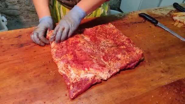 Házi Készítésű Szalonna Ízesített Hús Aromákkal Capocollo Ízesített Csípős Bors — Stock videók