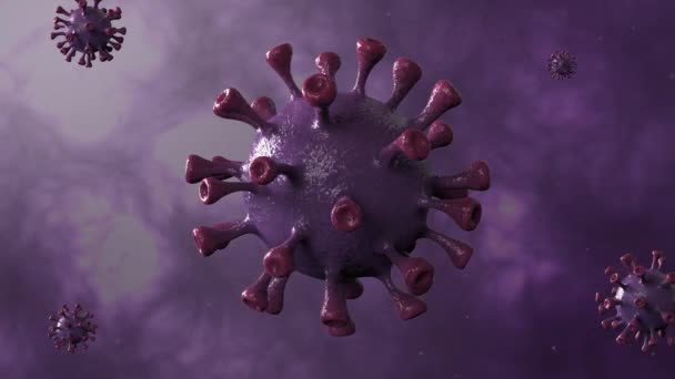 コロナウイルスバイオレットダイナミック背景で隔離された中央に回転します 微生物学とウイルス学の概念Covid ウイルスバナー 病気と流行 3Dレンダリング4K Hdビデオ高品質 — ストック動画