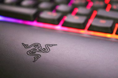 Ornata Chroma klavyesinin derisine işlenmiş Razer sembolü, aydınlatmalı ve renkli tuşlar.