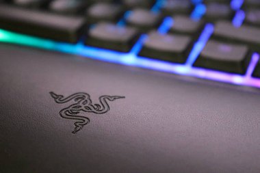 Ornata Chroma klavyesinin derisine işlenmiş Razer sembolü, aydınlatmalı ve renkli tuşlar.