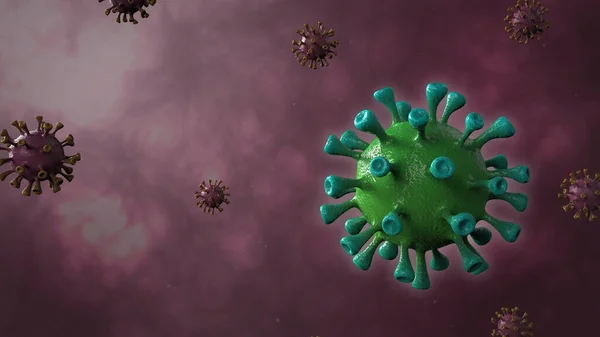 Purple Covid of different color with green coronavirus variation vaccinated. 3d illustration of mutation covid-19 RNA vaccine for disease.