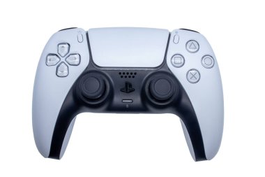 Playstation 5 oyun denetleyici beyaz arkaplanda izole edildi. Siyah-beyaz playstation 5 'i çalıştırın. Sony ps5 oyun sahası yakından.