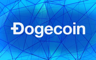 Mavi devre arkaplanındaki Dogecoin harfleri. Sancak için renkli arkaplan üzerine şifreli para birimi doge.
