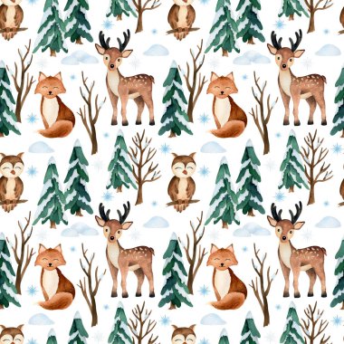 Kış ormanında suluboya hayvanlarla kusursuz desen. 