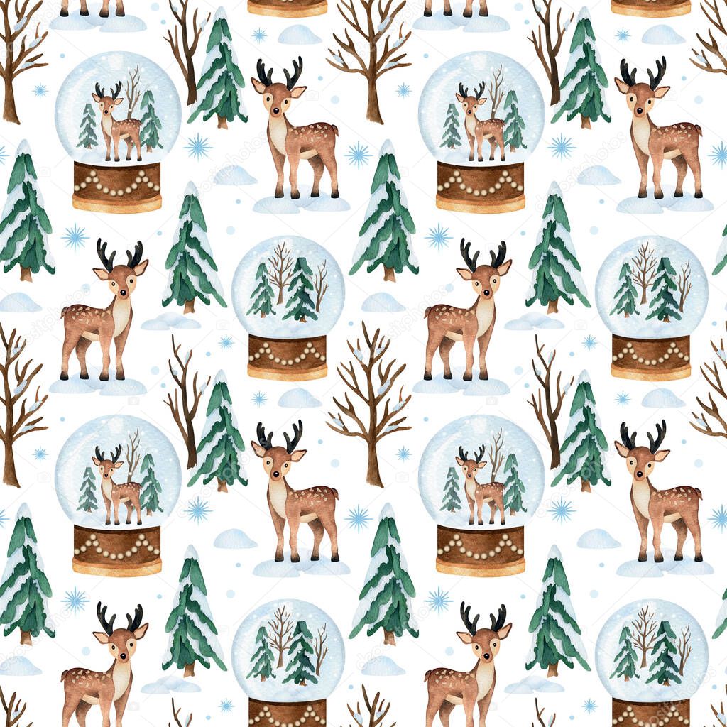 Christmas watercolor seamless pattern with deer and snow globe
