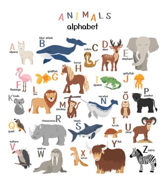 Çocuk eğitimi için sevimli hayvanların olduğu alfabenin vektör harfleri