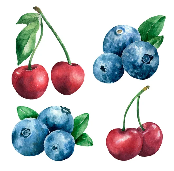 Akvarell bogyók beállítva. Áfonya és cseresznye — Stock Fotó