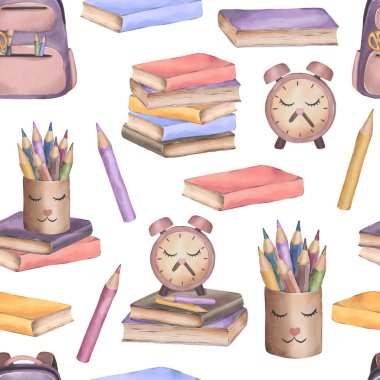 Okul malzemeleriyle suluboya desenli şirin.