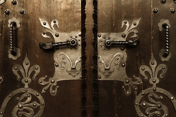 Wooden door gate with metal ornamentals. — Stock Photo, Image