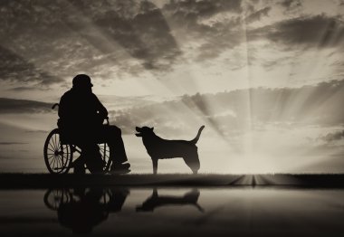 Silhouette of disabled and dog clipart