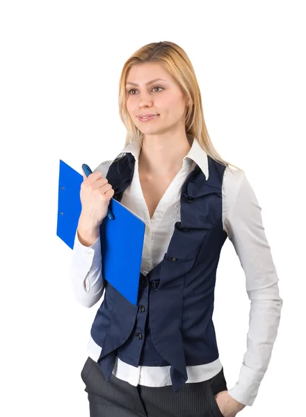 Mujer de negocios en un traje con una tableta en la mano — Foto de Stock