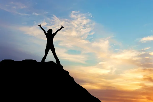 Silhouet van een gelukkig man op de top van een berg bij zonsondergang — Stockfoto