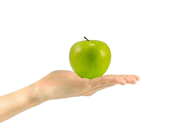 Grüner reifer Apfel in der Hand eines Mannes — Stockfoto