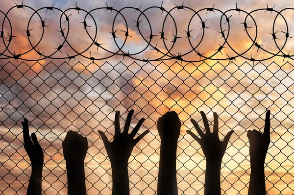 Vluchtelingen handen silhouet in de buurt van het hek van prikkeldraad. — Stockfoto
