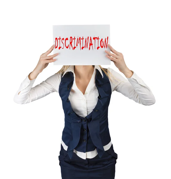 Woman holds a poster with the word discrimination — Stock Photo, Image