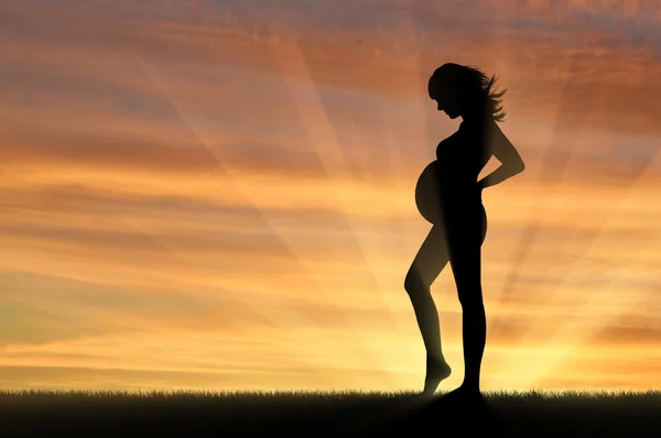 Mujer embarazada sobre fondo de atardecer — Foto de Stock