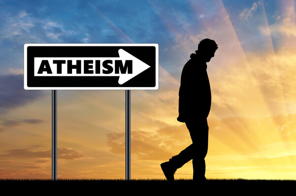 Atheist man and arrow sign atheism