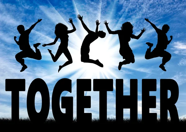 Silhouette people jumping over the word together — Stock Photo, Image