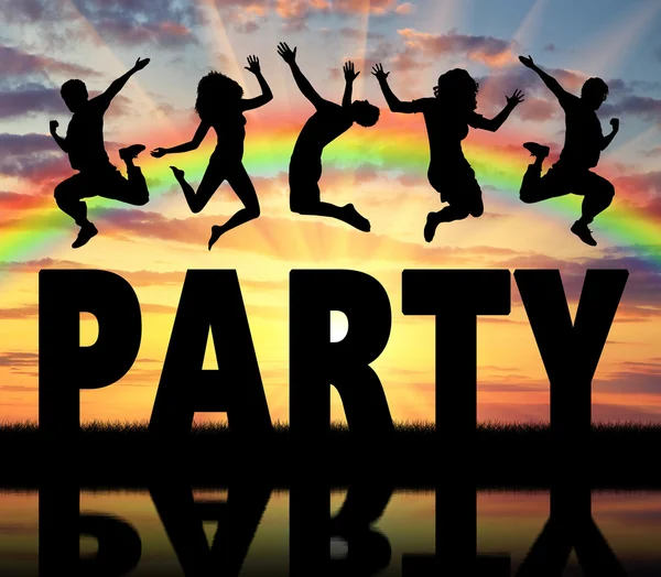 Silueta de la gente saltando en la fiesta de la palabra —  Fotos de Stock