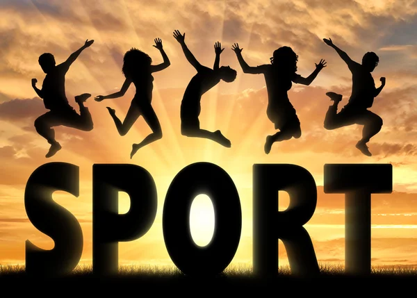 Silhouet mensen springen over de word-sport — Stockfoto