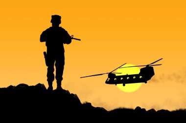 Siluet asker ve helikopter