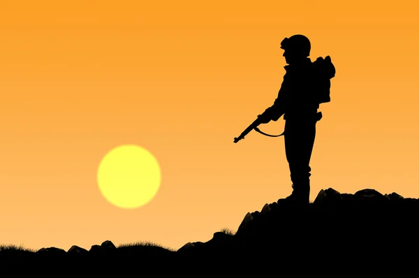 Silhouette of soldier with a gun — Stock Photo, Image