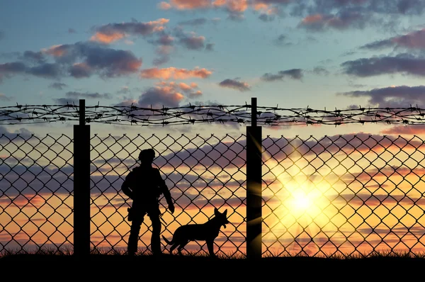 Sziluettjét a katona és egy kutya — Stock Fotó
