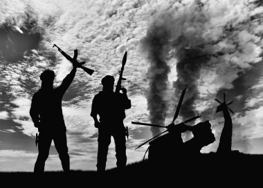 Silhouette teröristler ve helikopter havaya