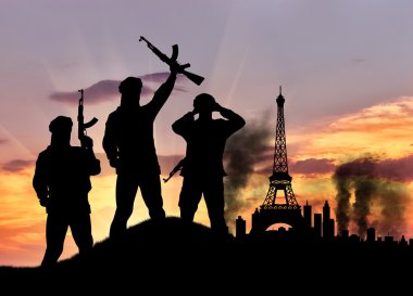 Silhouette of the terrorists in city clipart