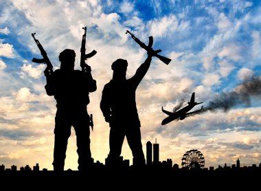 Silhouette of the terrorists and the plane crash clipart