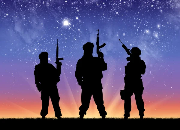 Silhouette terrorists against  sunrise — Stock Photo, Image