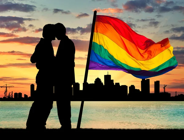 Silhouette happy gay men kissing — Stock Photo, Image