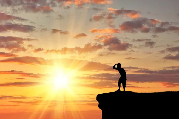 Silhouette  happy man on the mountain top — Stock Photo, Image