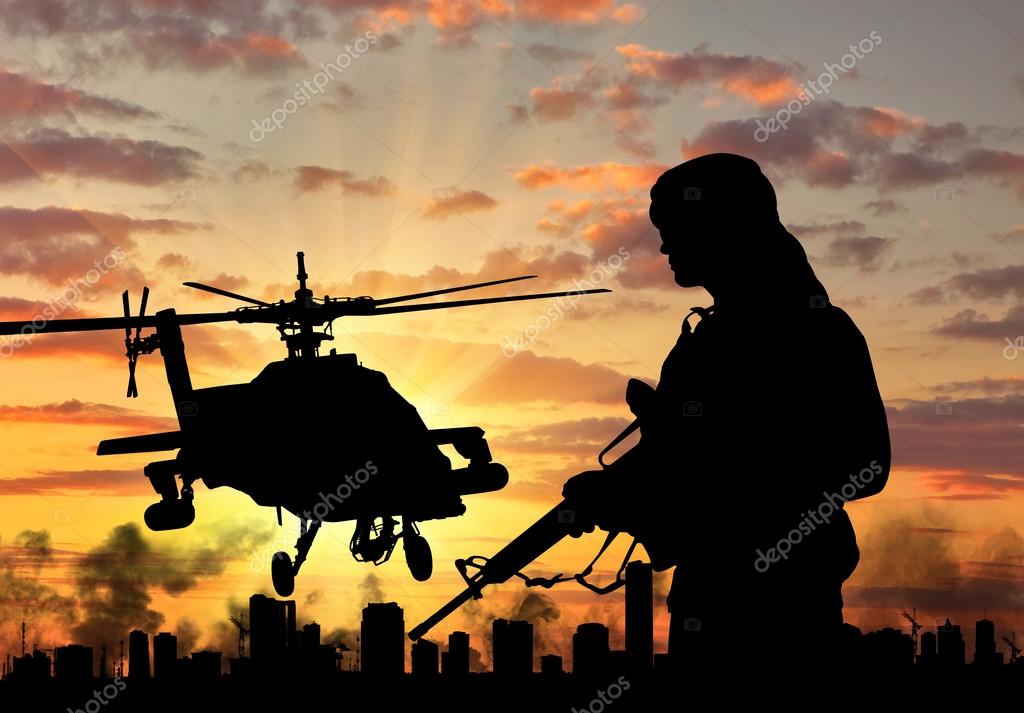 Silhouette of a terrorist and a helicopter — Stock Photo, Image