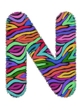 3 boyutlu Zebra RAINBOW N harfi, hayvan derisi kürkü yaratıcı karakter N, beyaz arka planda renkli izole edilmiş. Kırpma yolu ve diktatöre sahip. Vahşi yaşam ya da safari konsepti tasarla.